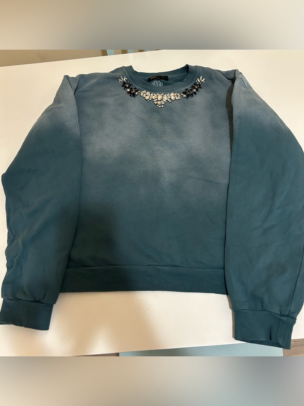 Clearance Maje Teal Jeweled Crewneck Sweater
